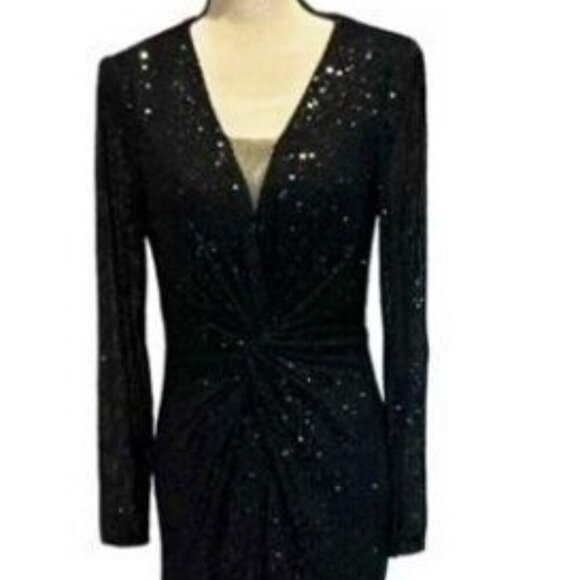 Ieena Mac Duggal Black Long Sleeve Sequin Faux Wrap Side Slit Gown